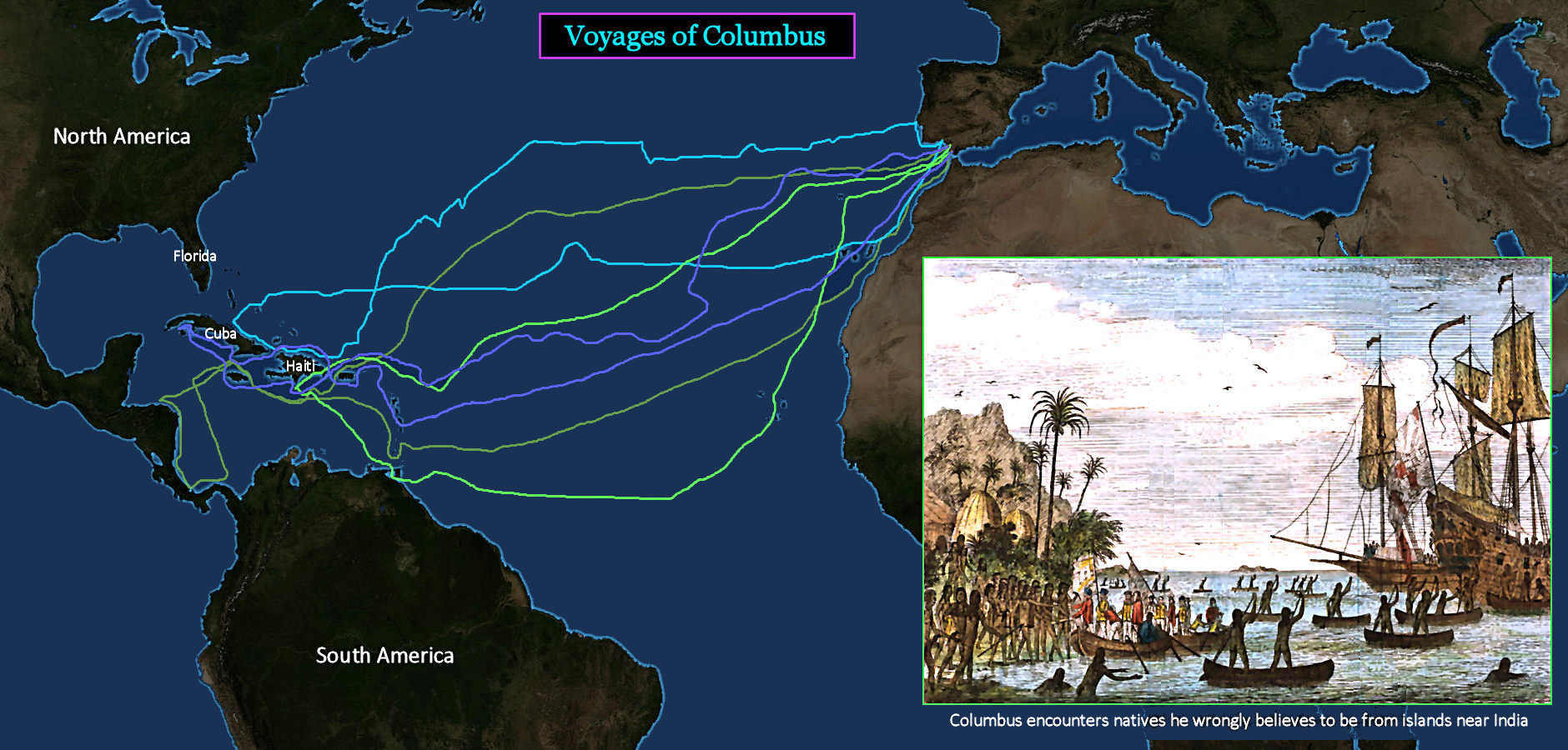 Columbus' four voyages, map